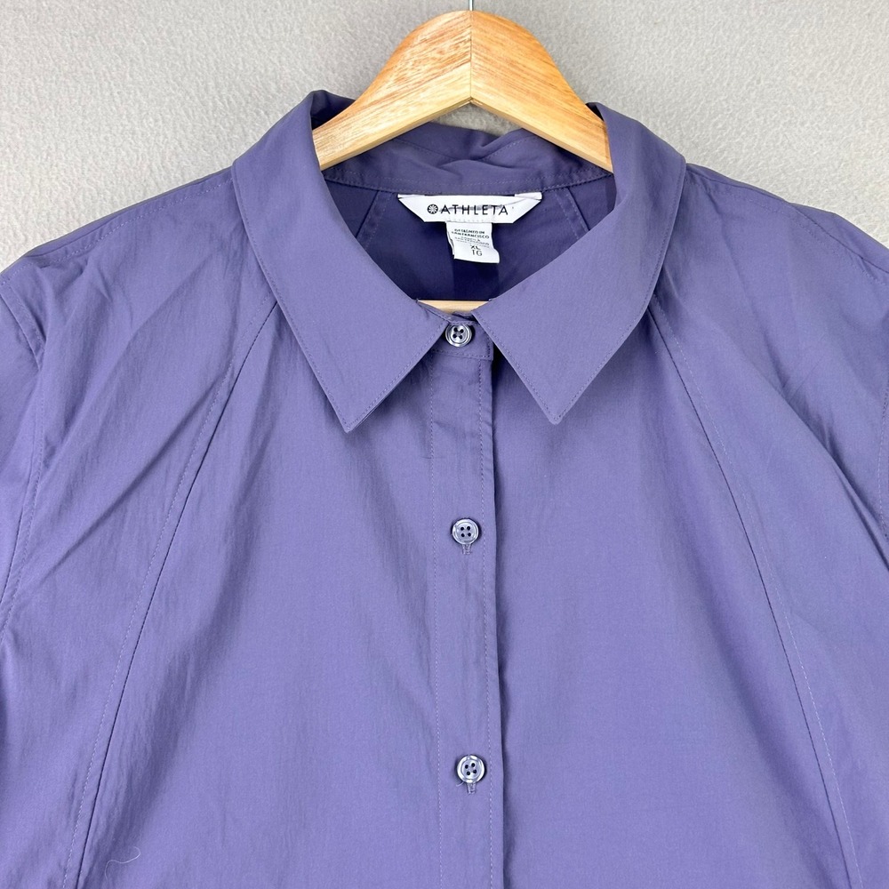 Athleta Tech Shirt Women XL Purple Short Sleeve Button Up Lightweight Hiking